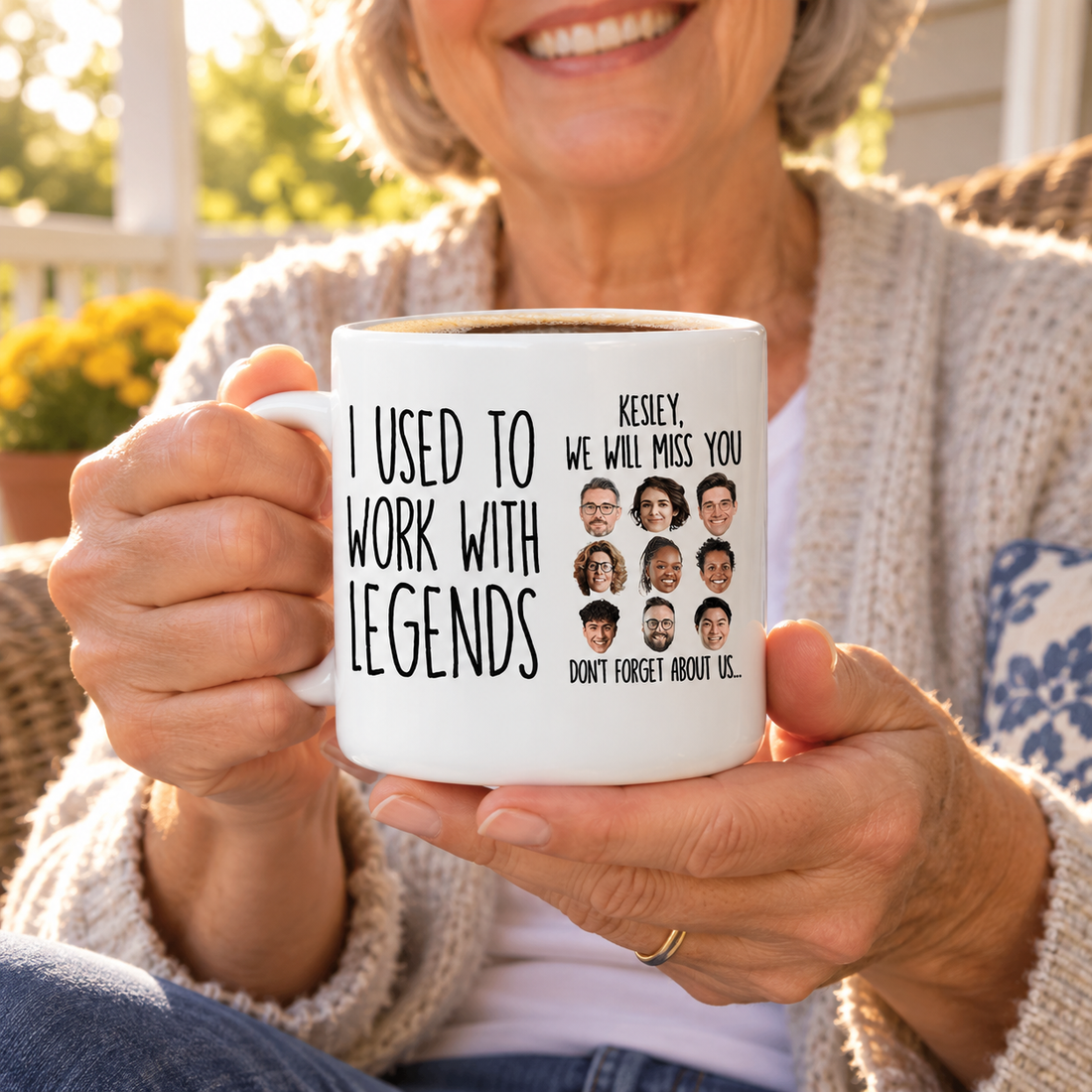 Woman holding a personalized I Used To Work With Legends coworker photo mug