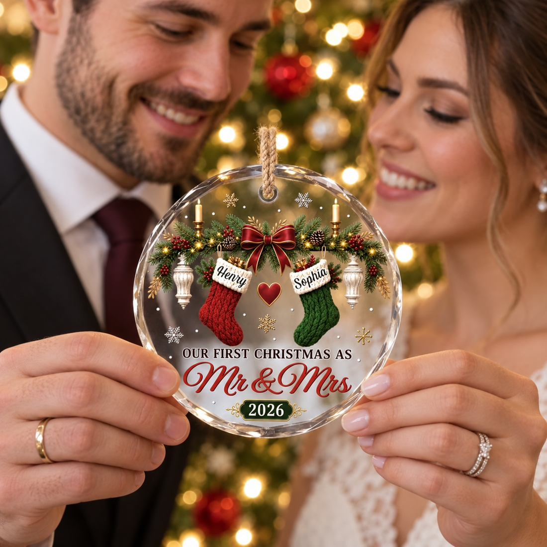 Newlywed couple holding a personalized Our First Christmas As Mr and Mrs crystal glass ornament