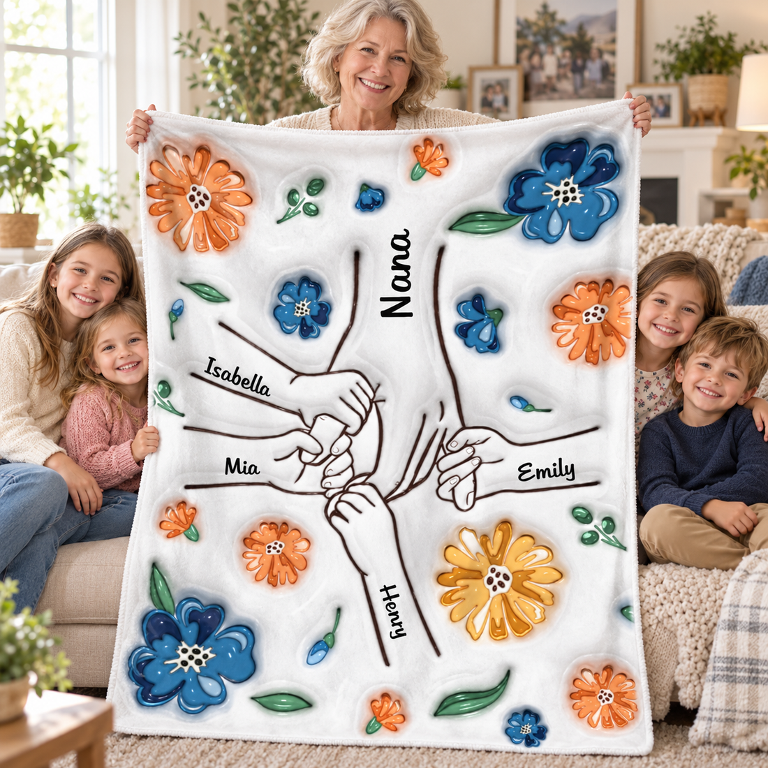 Grandma holding up a personalized 3D floral hands blanket with family names surrounded by grandchildren