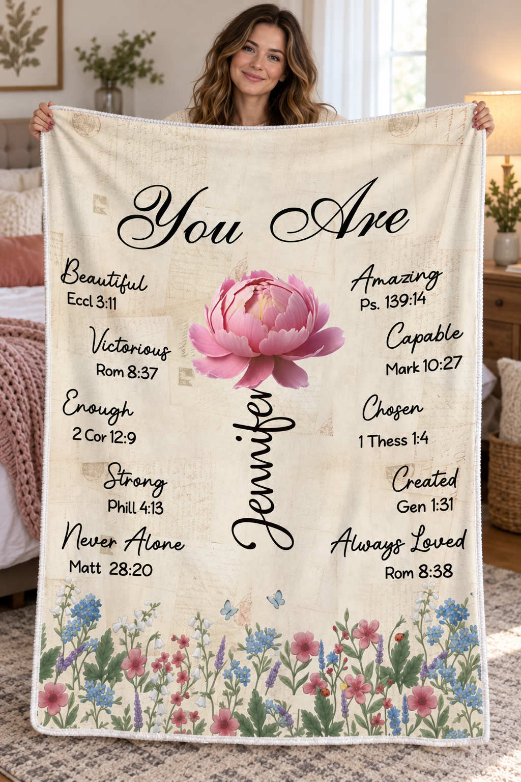 Woman holding up a custom You Are Bible verse blanket with name Jennifer in a cozy bedroom