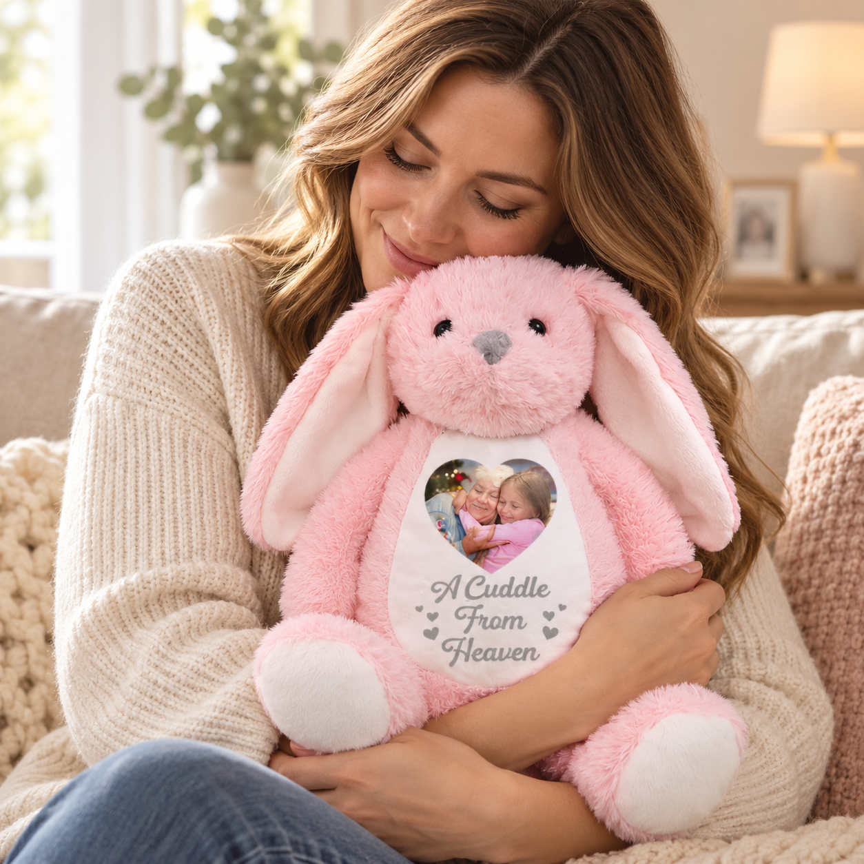 Woman hugging a personalized A Cuddle From Heaven memorial plush bunny with heart photo on a sofa