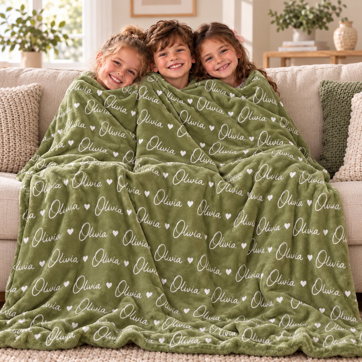 Three kids cuddled on a sofa wrapped in a personalized name fleece blanket with repeated names