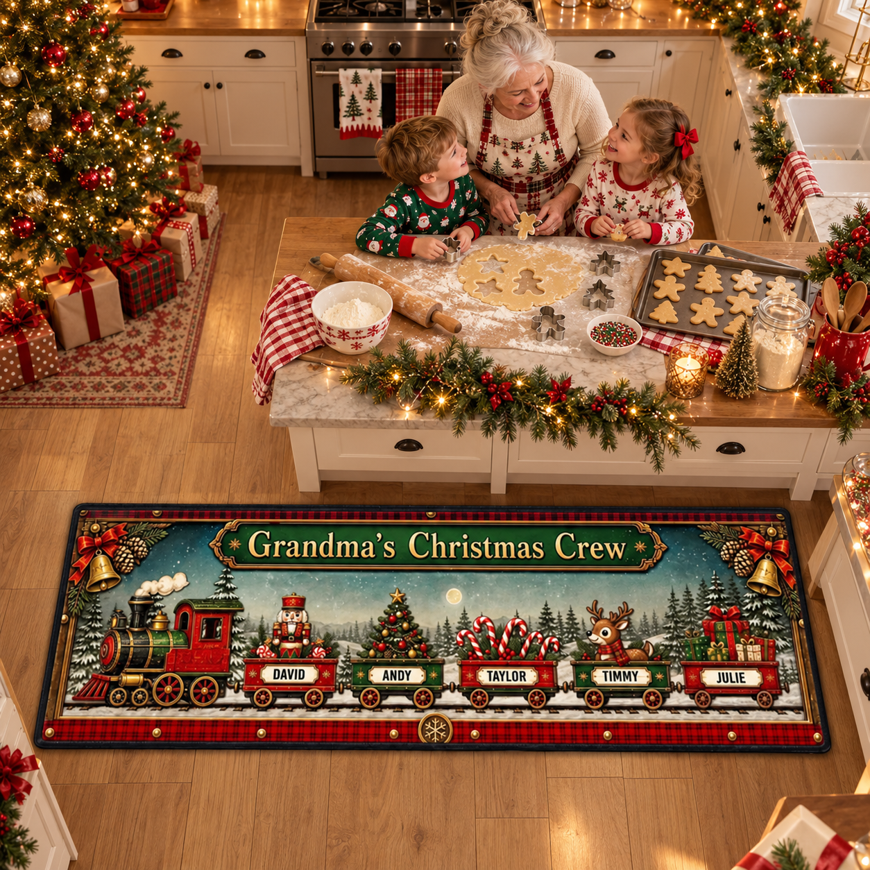 Grandma and grandchild baking cookies in a kitchen on a personalized Christmas train family runner rug