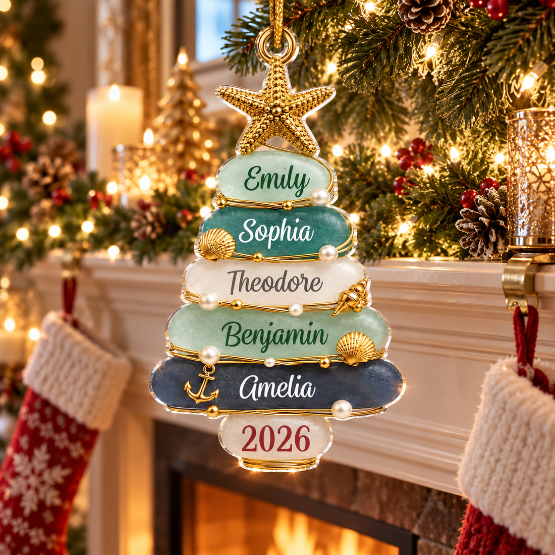Custom family names Christmas tree acrylic ornament on a fireplace mantel