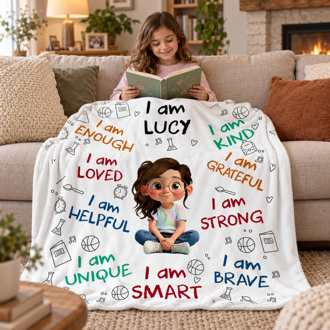 Girl reading on a sofa under a personalized I Am Lucy affirmation blanket with a cartoon girl and school doodles