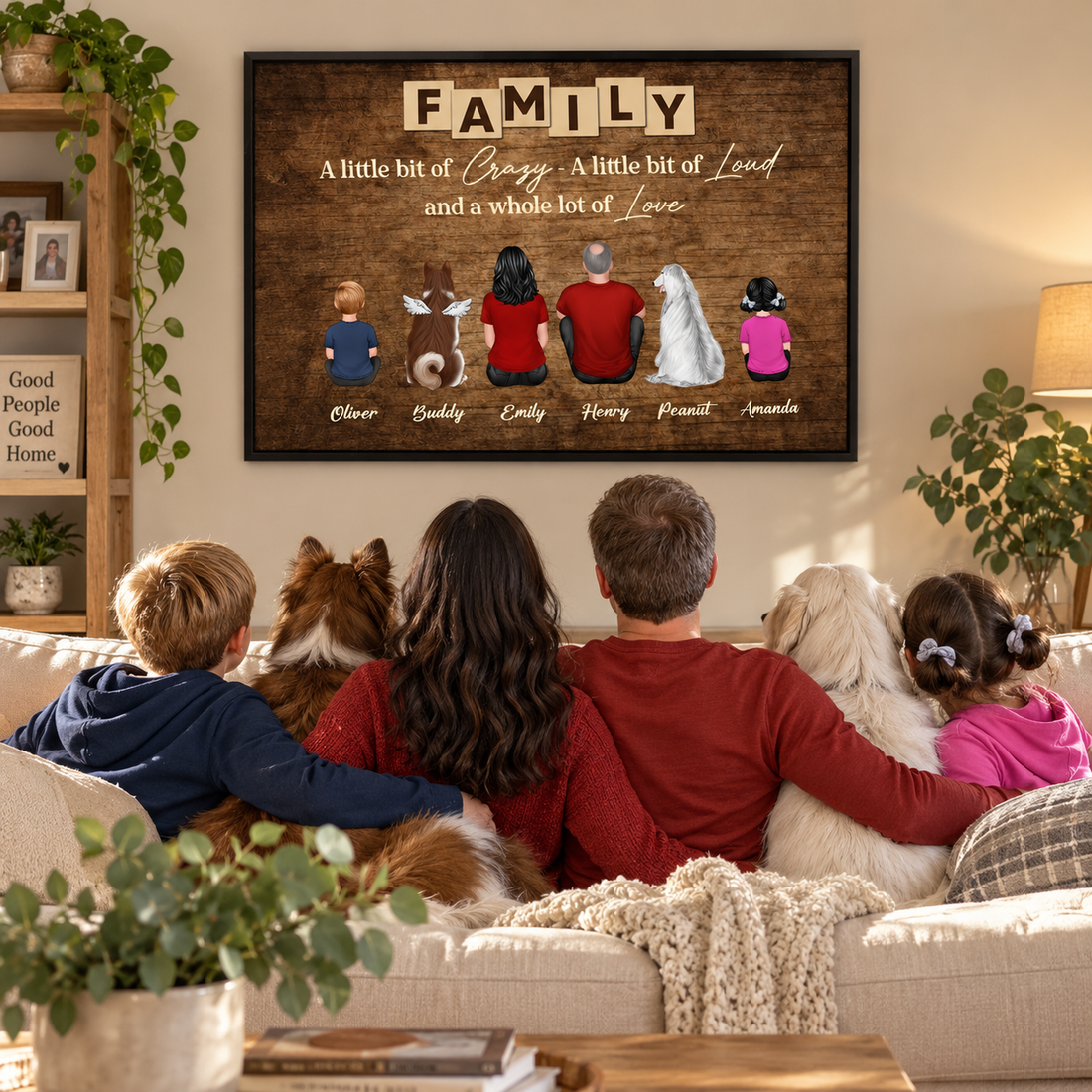Personalized Brothers and Sisters Forever poster in a frame above a living room sofa with siblings