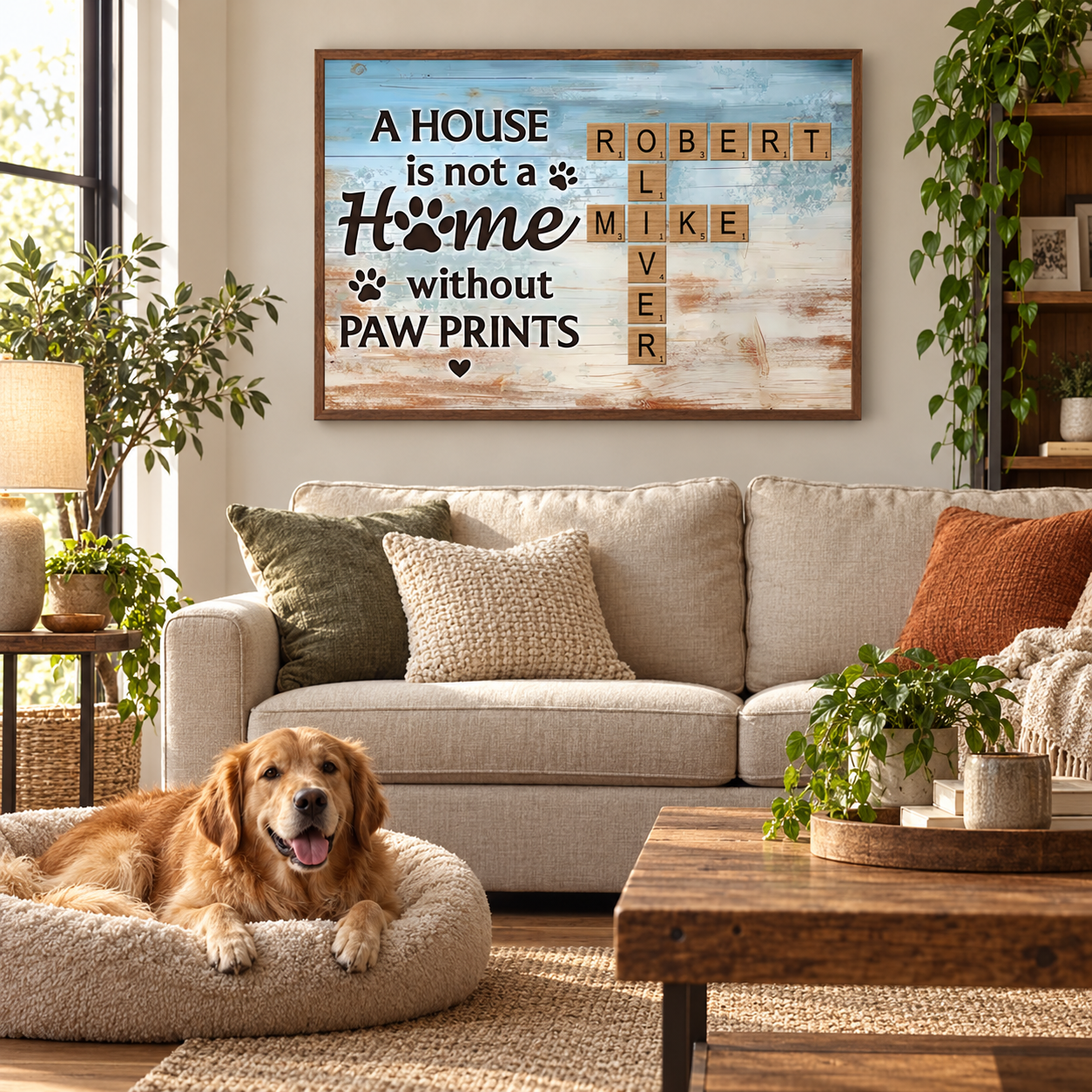 Home With Paw Prints pet crossword poster above a sofa with a golden retriever