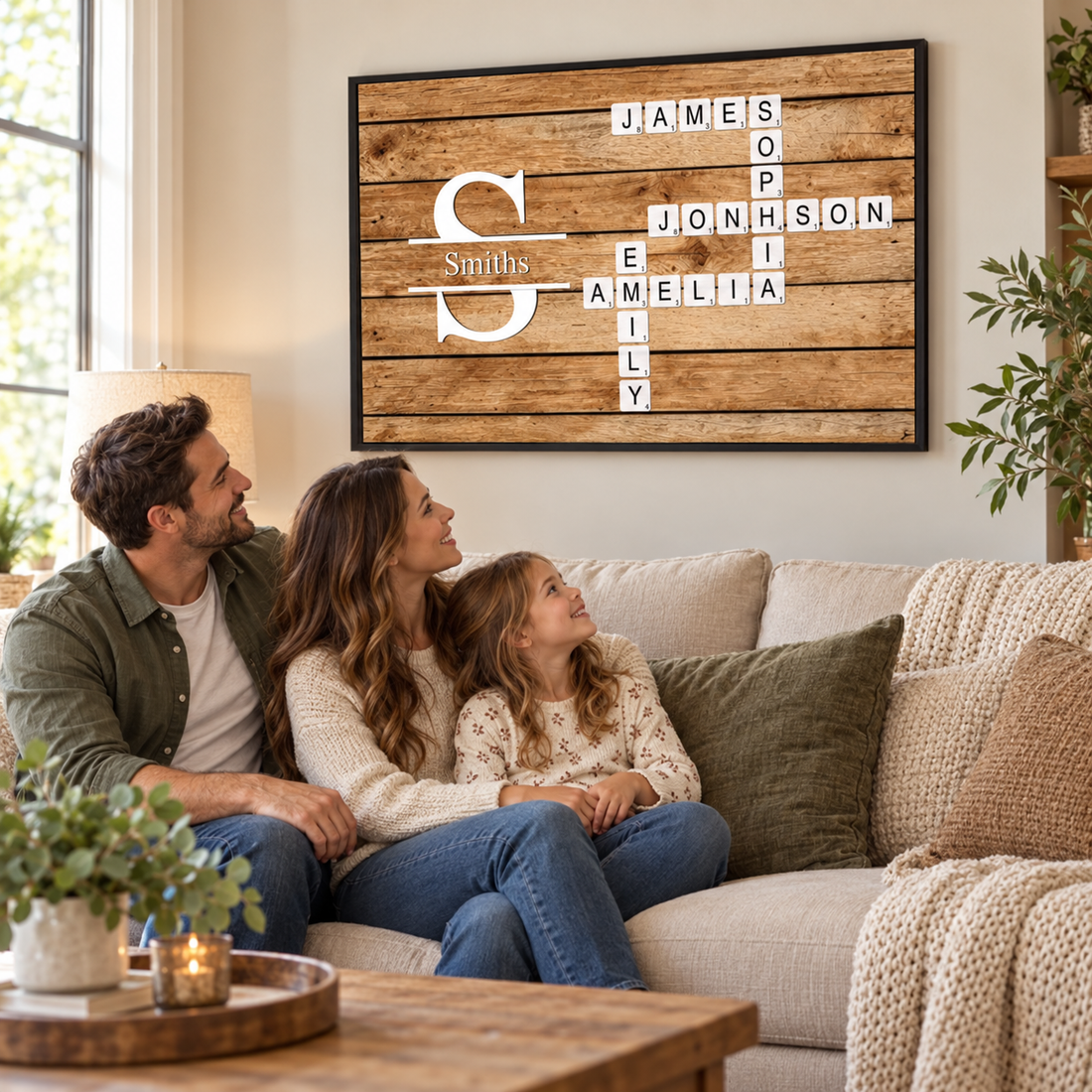 Personalized Smiths crossword family names poster on rustic wood above a sofa with a smiling family of three