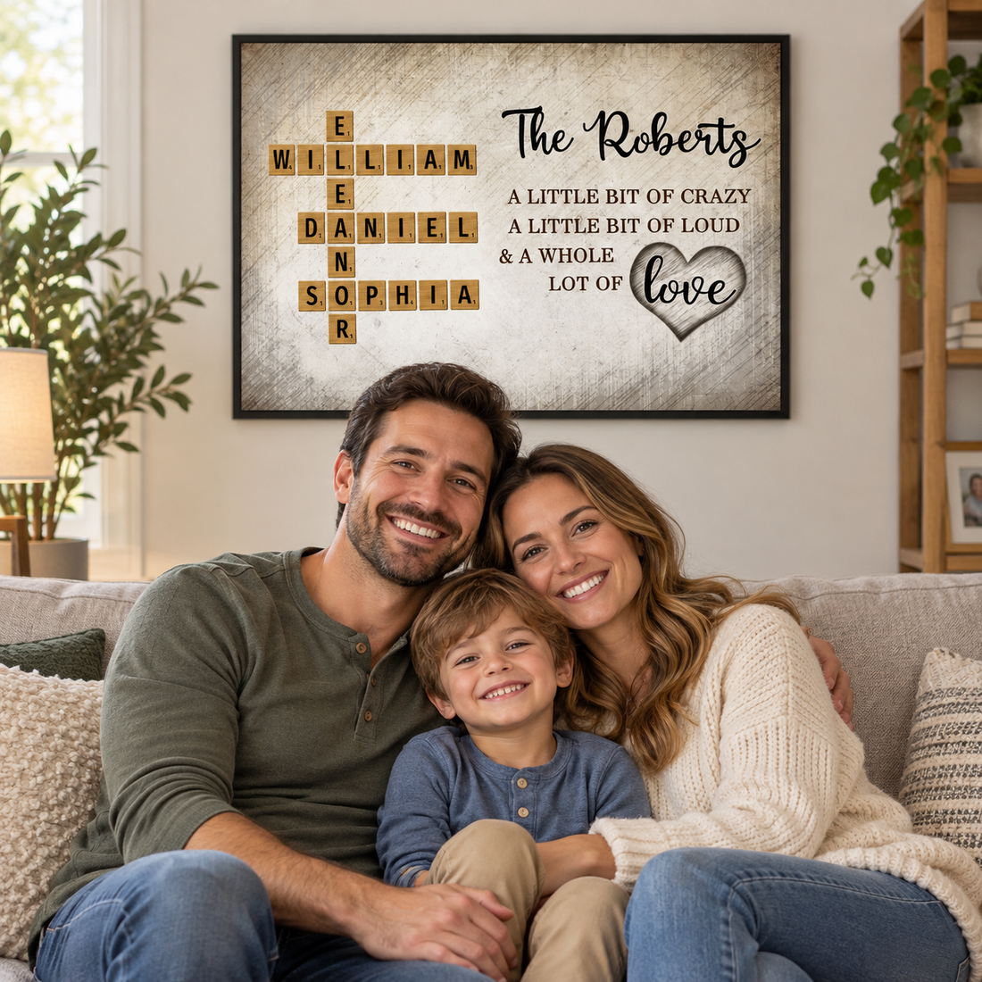 Personalized family crossword names poster The Roberts above a sofa with a smiling family of three