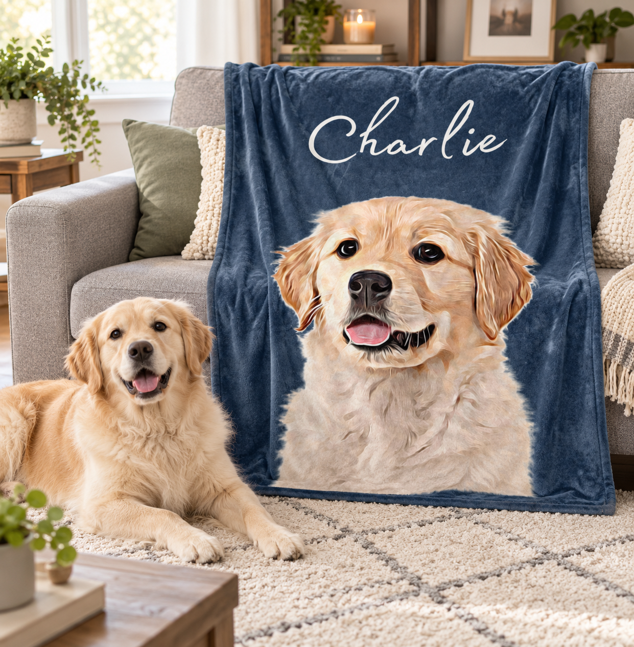 Personalized golden retriever portrait fleece blanket with name Charlie draped on a sofa beside a real golden retriever