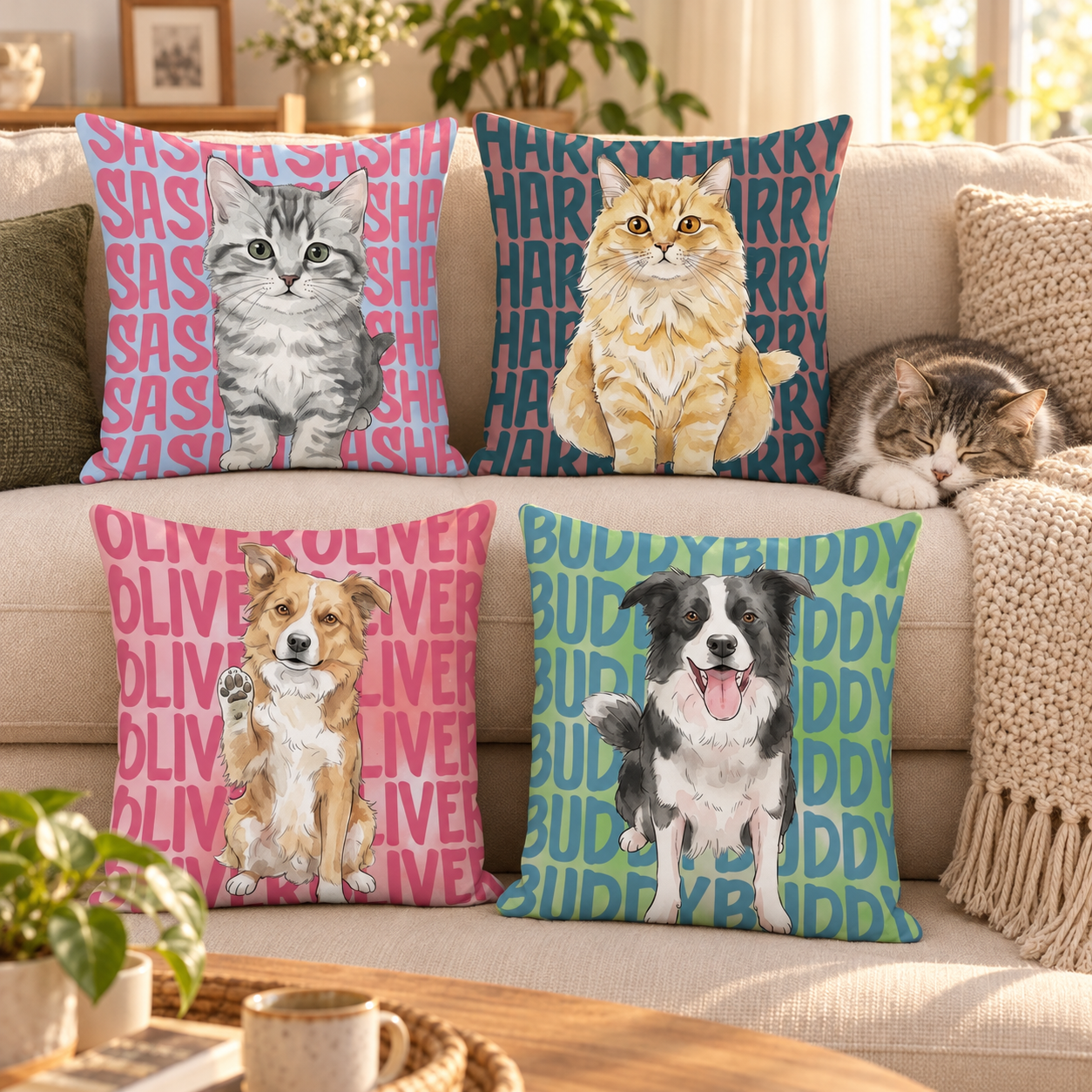 Personalized pet name pillows with cat and dog illustrations arranged on a sofa with a sleeping cat