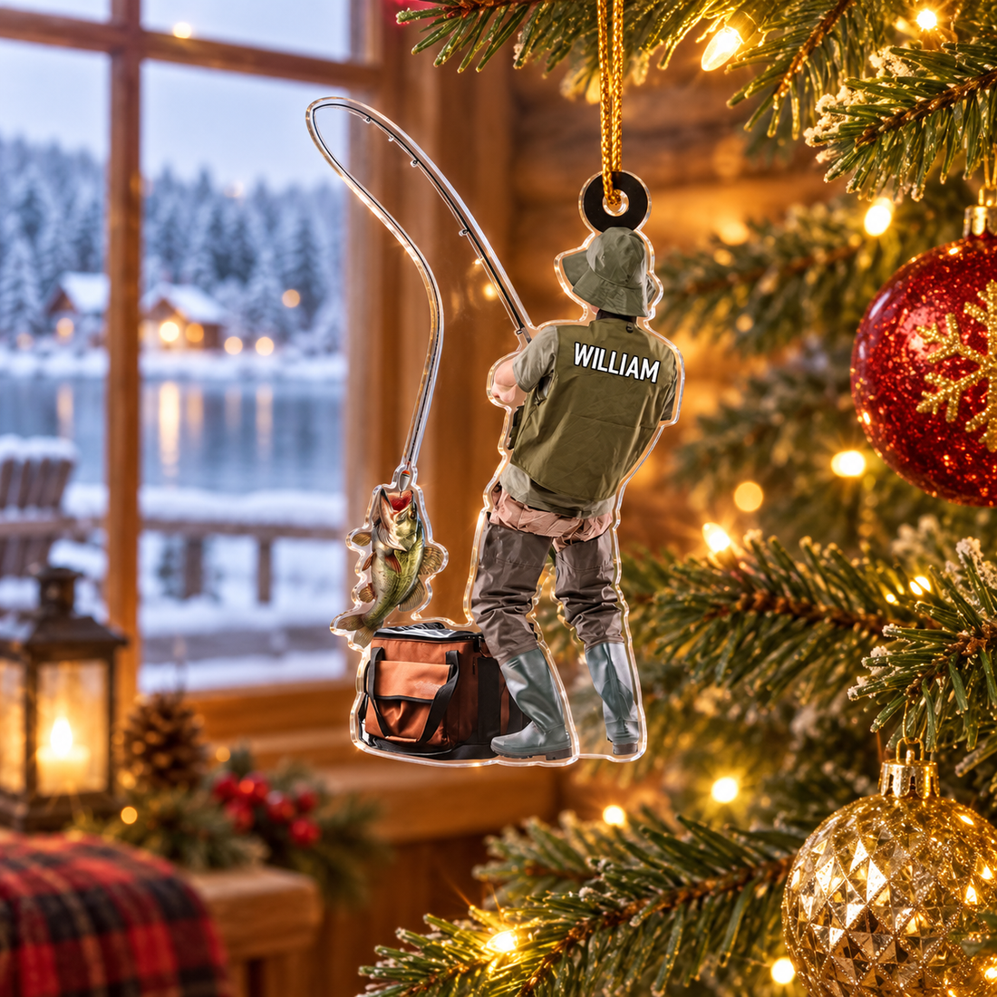 Personalized fisherman ornament with name William hanging on a Christmas tree by a lake cabin window