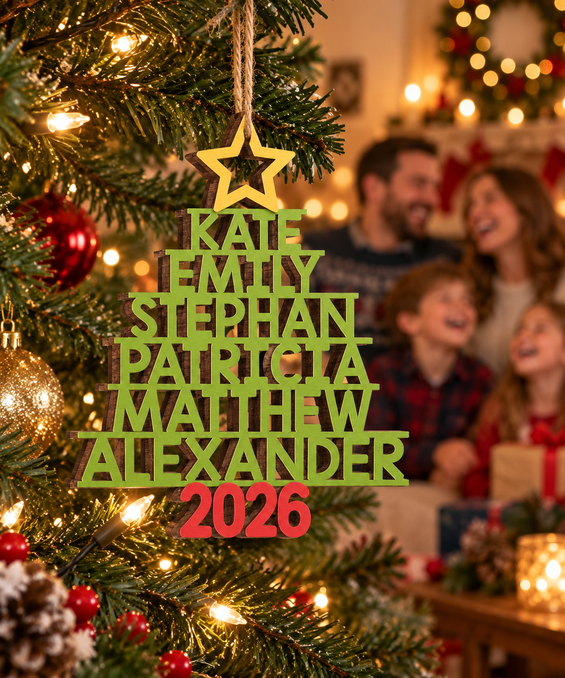 Personalized family names wood ornament hanging on a Christmas tree with a big family laughing behind