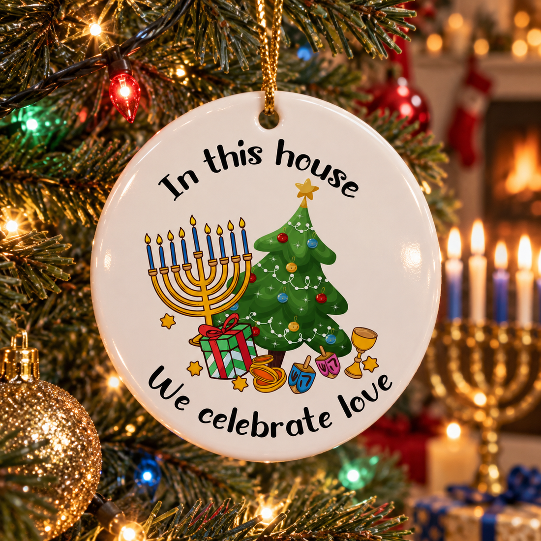 Hanukkah ceramic ornament In this house We celebrate love hanging on a holiday tree