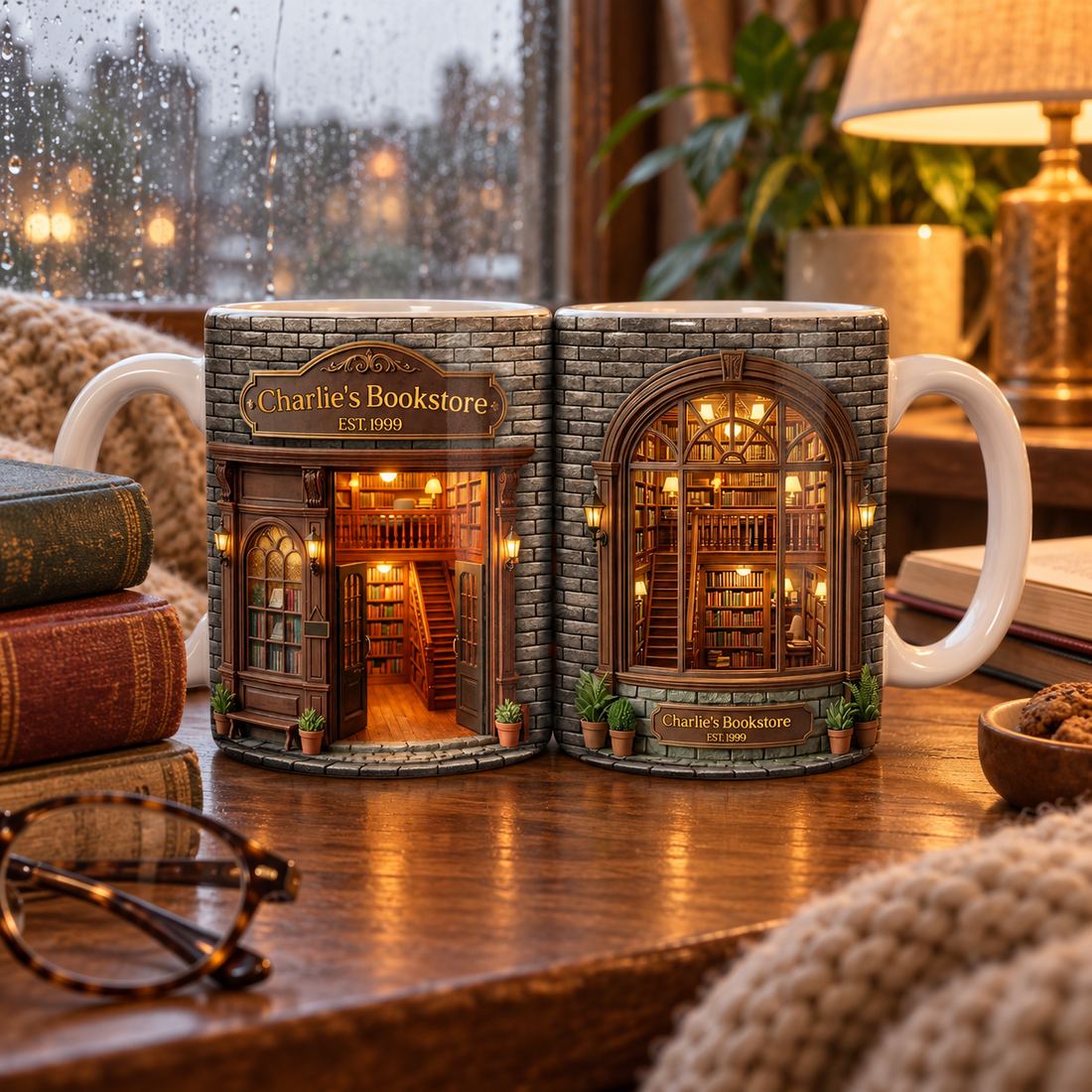 Custom bookstore coffee mug beside stacked books in a cozy reading nook on a rainy day