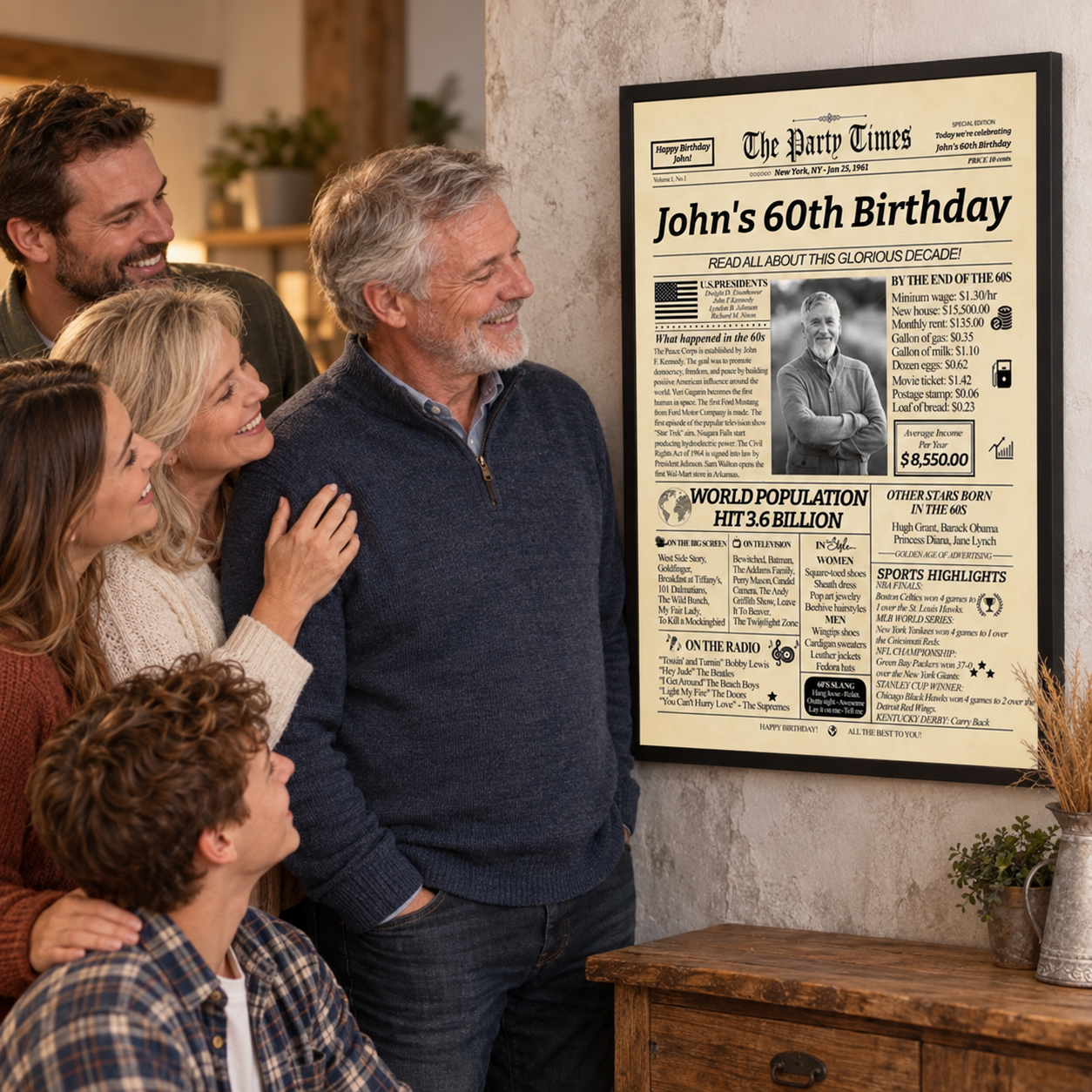 Man in his 60s admiring a birthday newspaper canvas print gift with his family