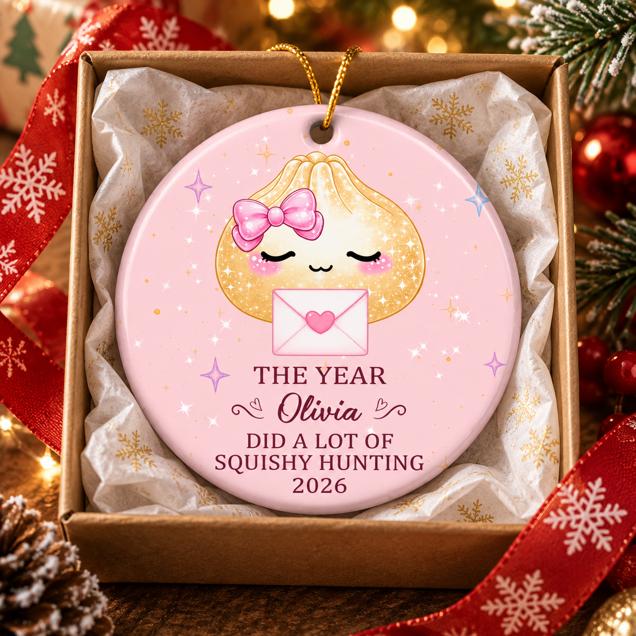 Pink dumpling Squishy Hunter ceramic ornament in a gift box with tissue and ribbon