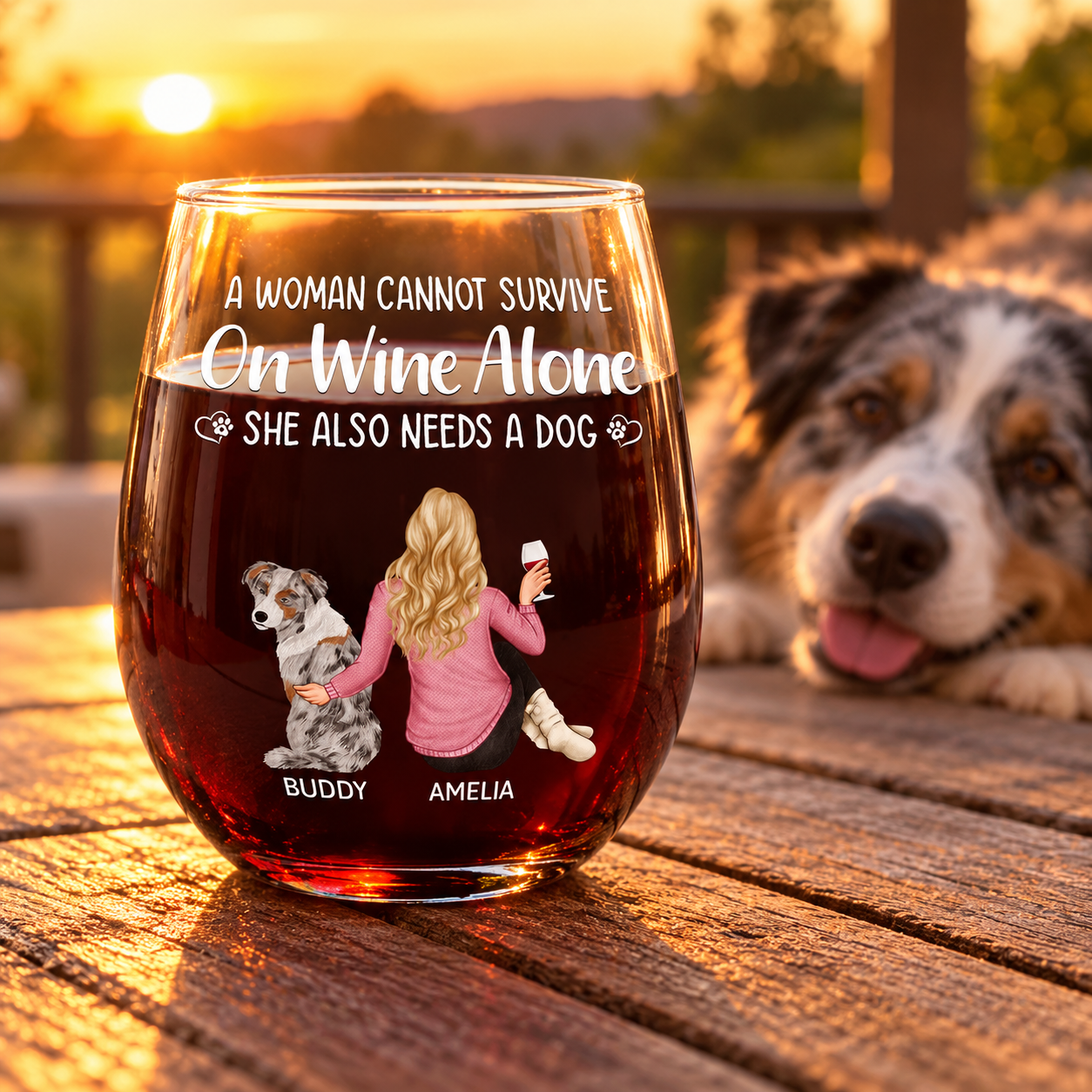 Custom stemless wine glass with woman and dog design on a patio table at sunset beside a dog