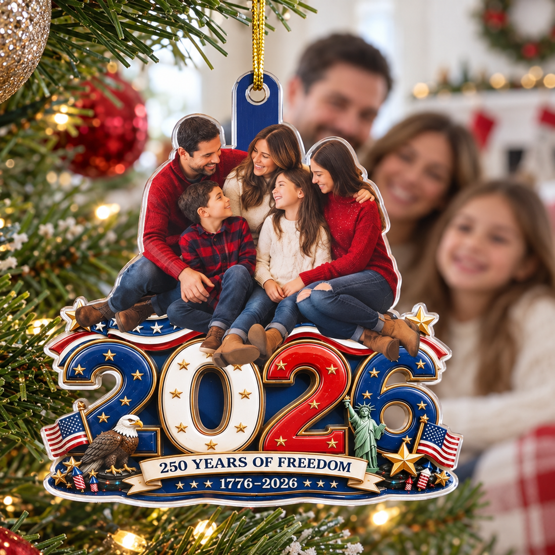 Happy family admiring their Custom Photo Land Of Free Loved Family ornament on a warm Christmas tree.