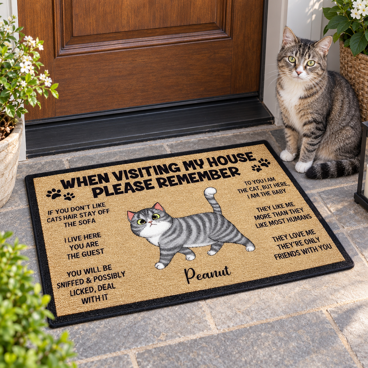 Funny custom cat doormat at a front door with a cat sitting nearby