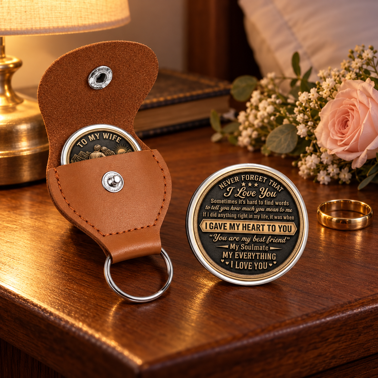 Personalized To My Wife pocket hug coin on a nightstand with wedding ring and flowers