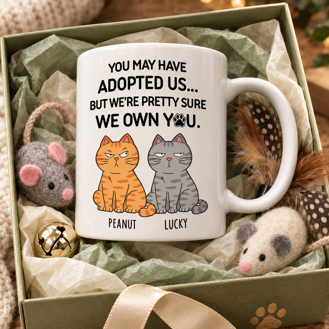 Personalized cat mug in a gift box with cat toys, a gift for cat lovers