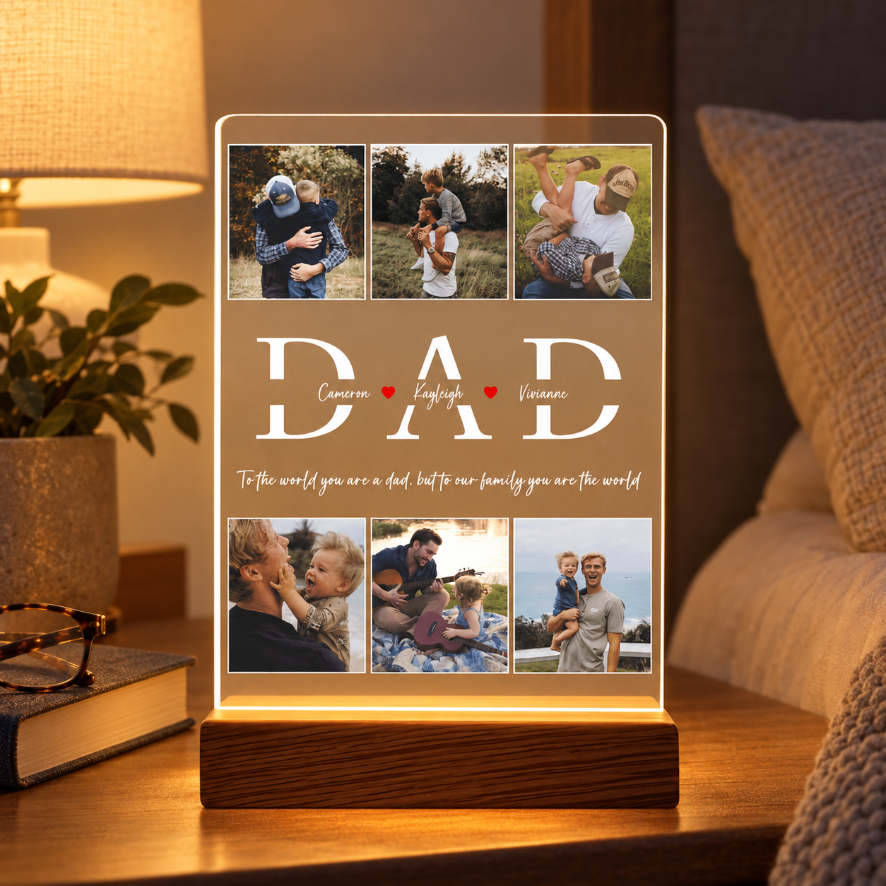 Personalized DAD photo LED night light glowing on a bedside table