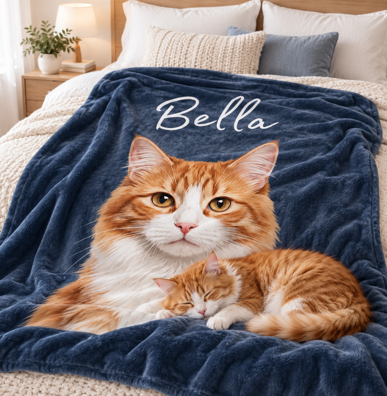 Personalized custom cat photo blanket on a bed with an orange cat