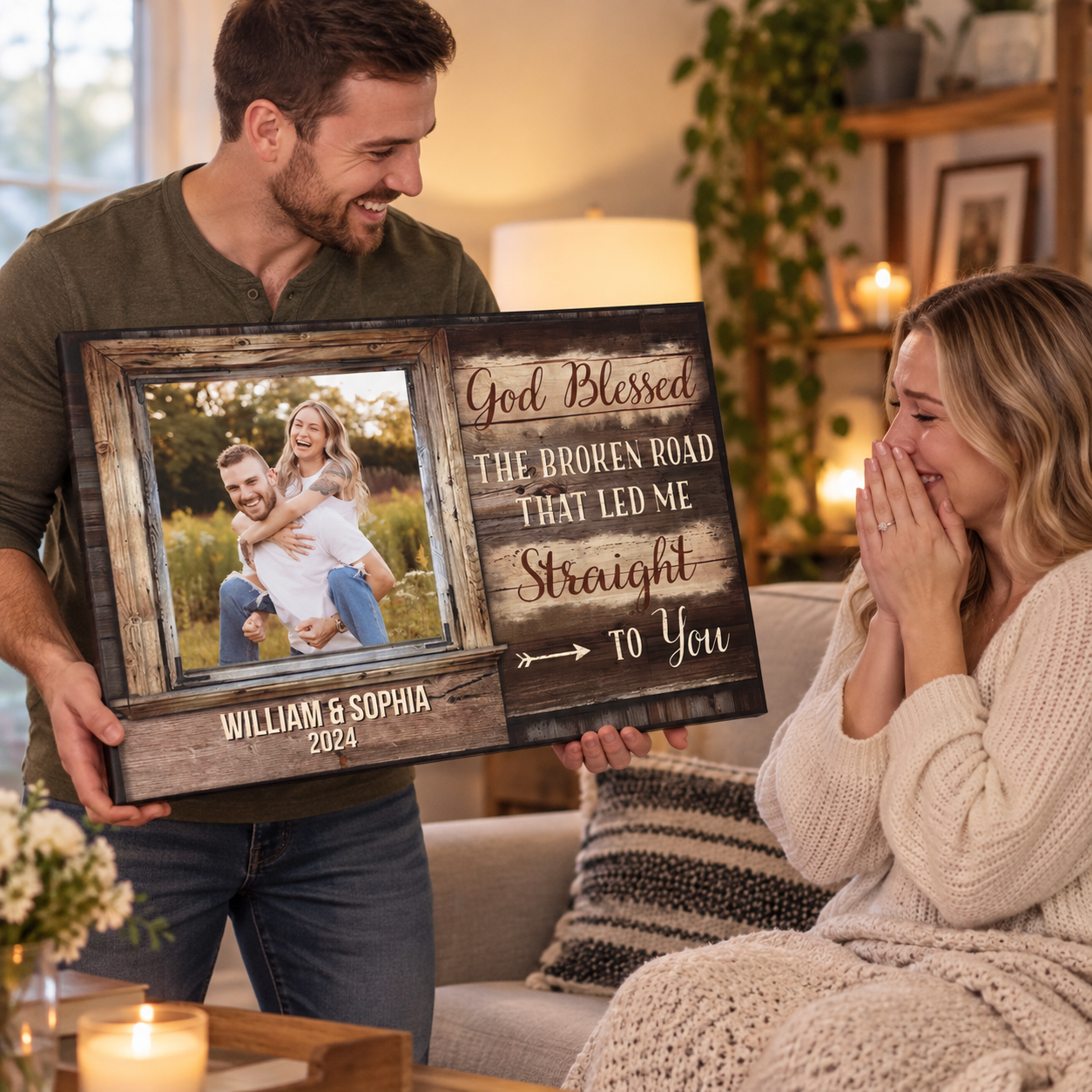 Husband presenting a personalized photo canvas print as an anniversary gift to his wife
