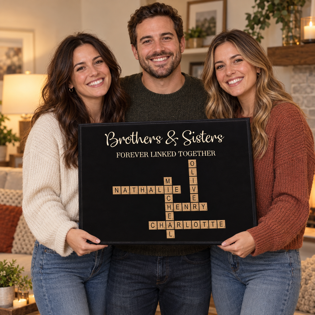 Siblings holding a personalized crossword names canvas gift, Brothers and Sisters Forever