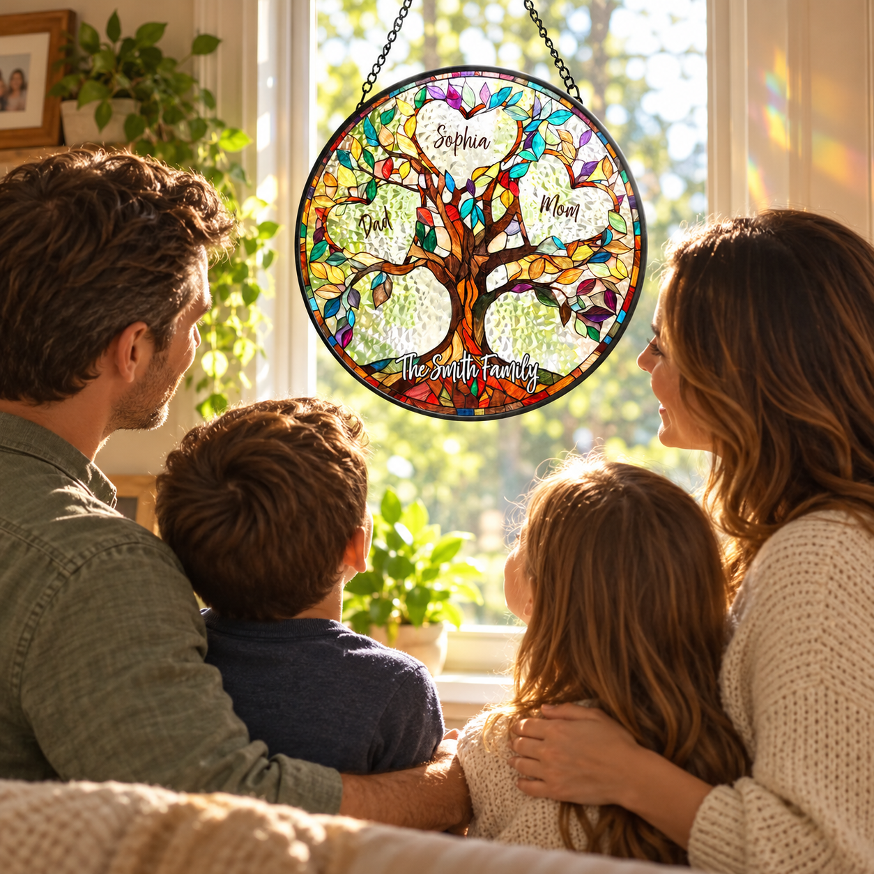 Family admiring a personalized tree of life stained glass suncatcher in the living room window