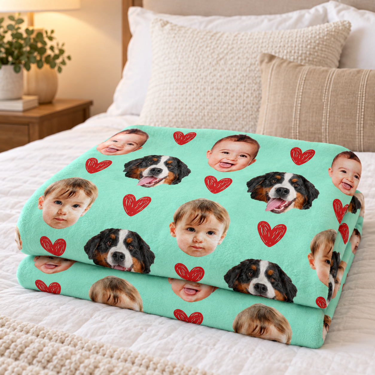 Personalized custom face photo hearts blanket folded on a bed