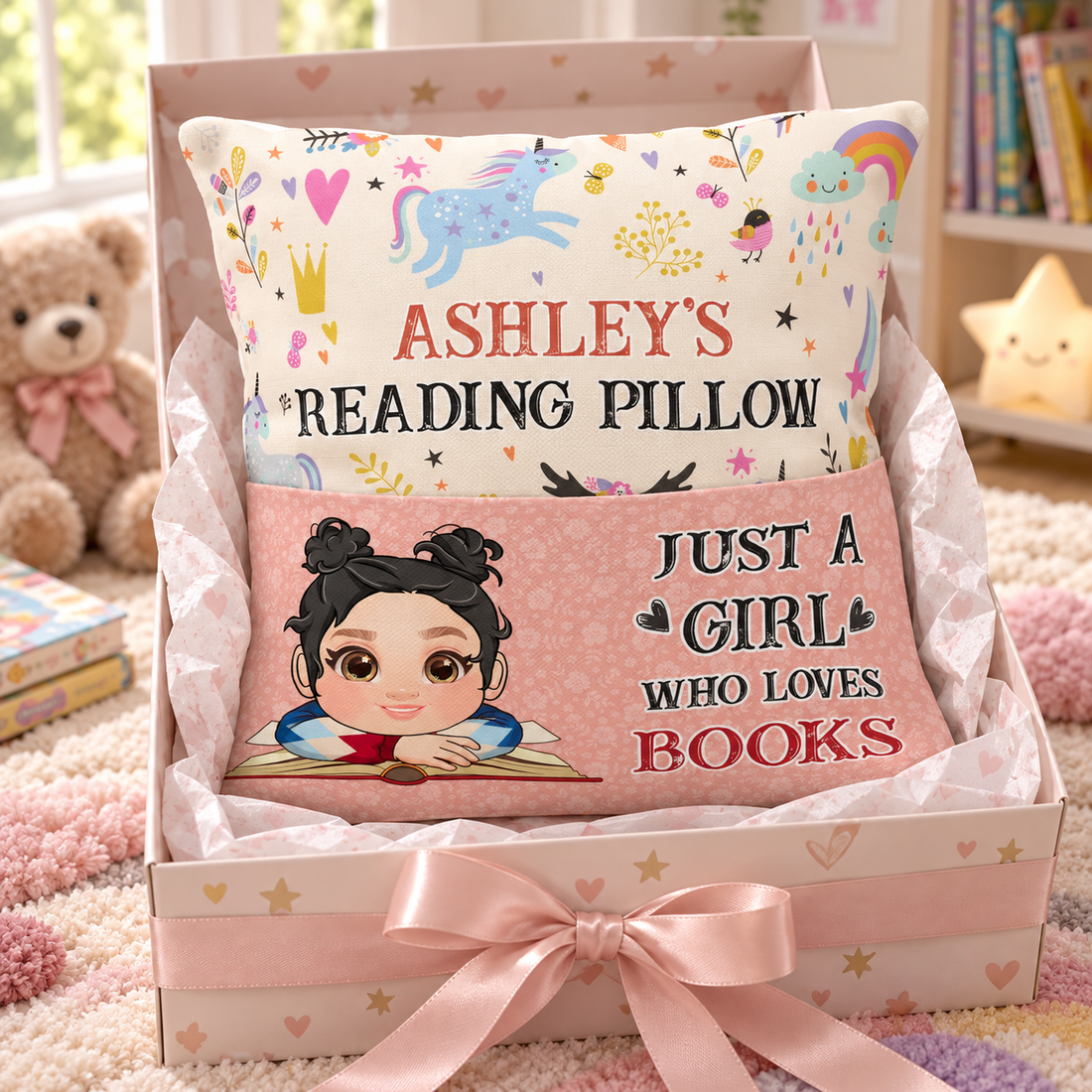 Personalized kids pocket pillow in a gift box with ribbon