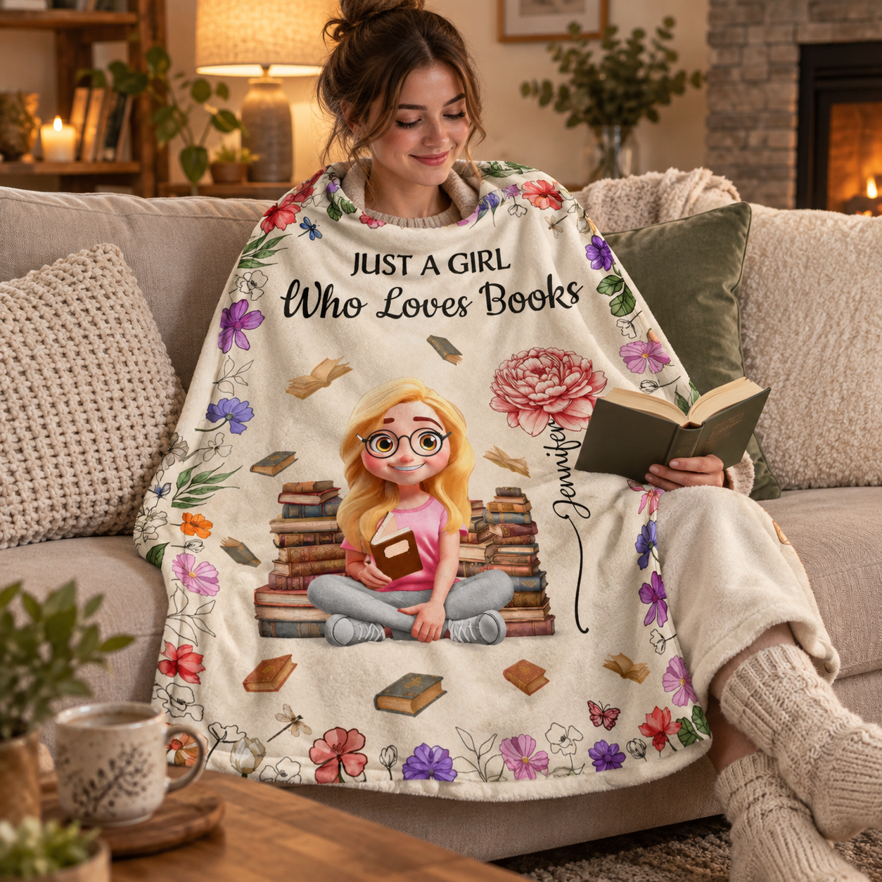 Young woman reading a book on a sofa wrapped in a personalized birth flower book lover blanket