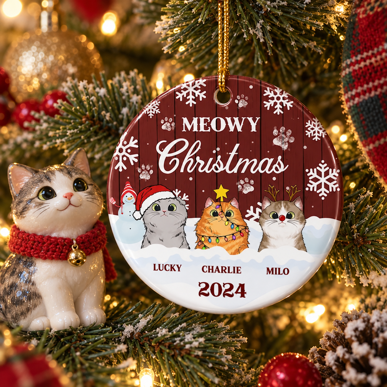 Personalized Meowy Christmas ceramic cat ornament on a Christmas tree beside a cat figurine