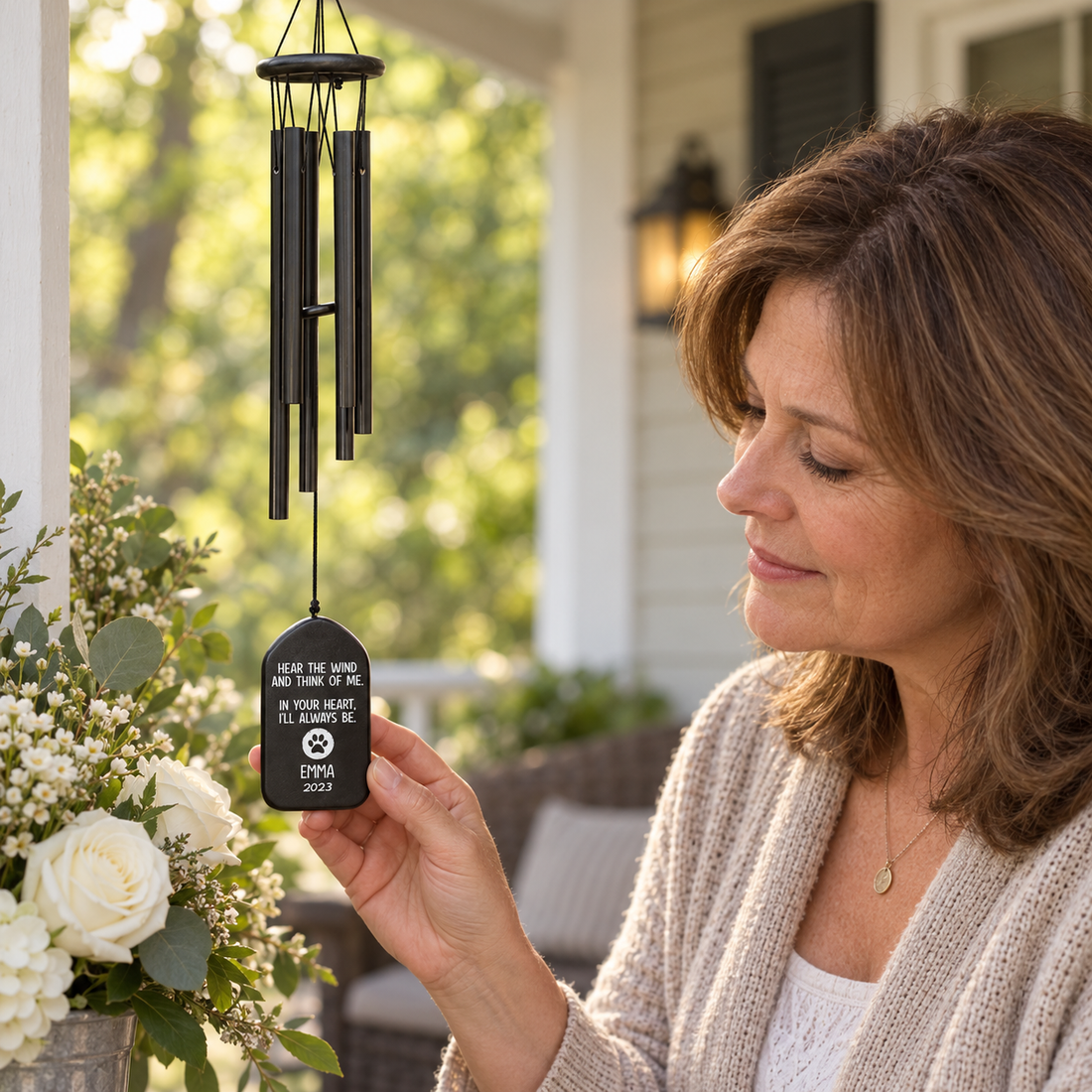 Woman touching a custom memorial wind chime on a porch beside a sympathy bouquet