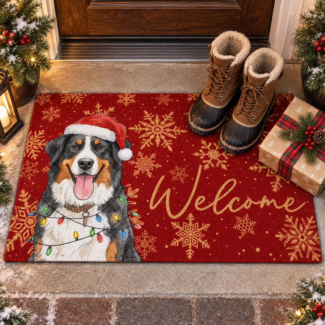 Personalized red Christmas dog doormat with boots and a gift box