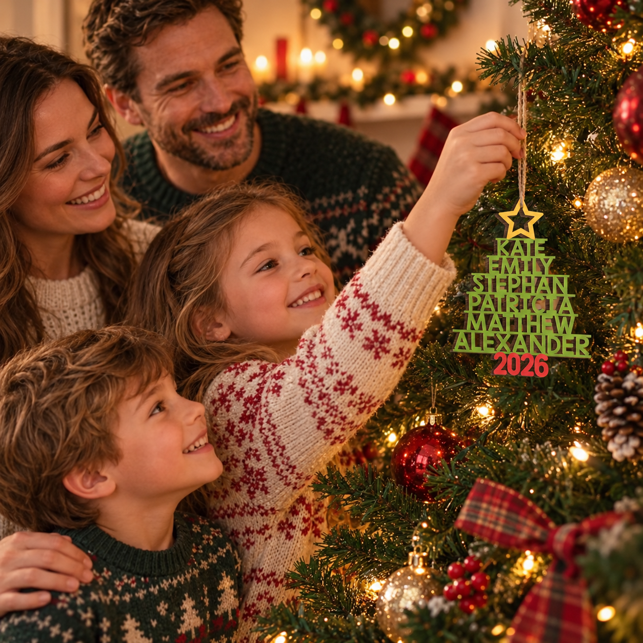 Family decorating the Christmas tree as a child hangs a personalized wooden names ornament