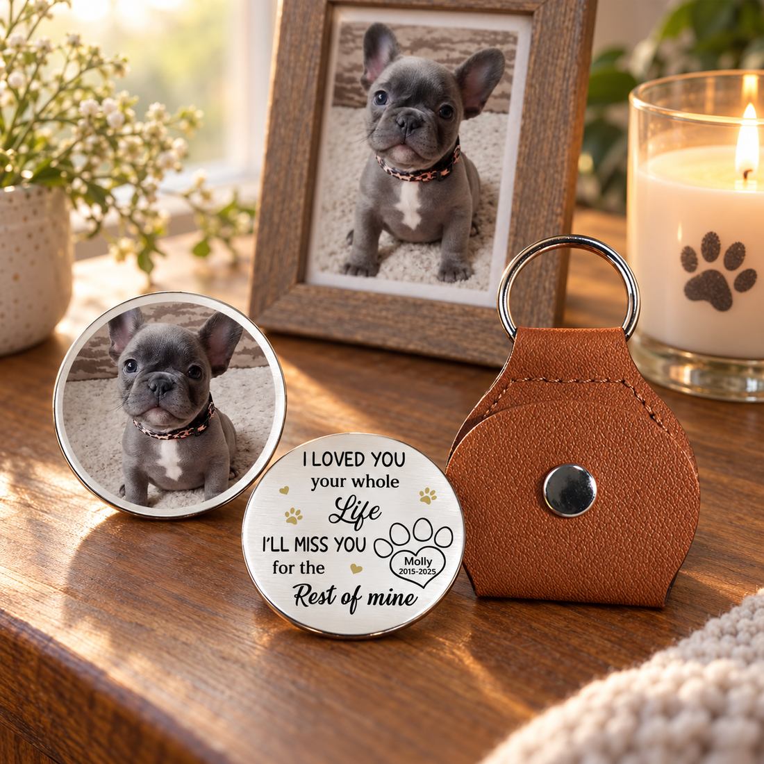 Personalized pet memorial pocket hug token beside a framed dog photo and candle