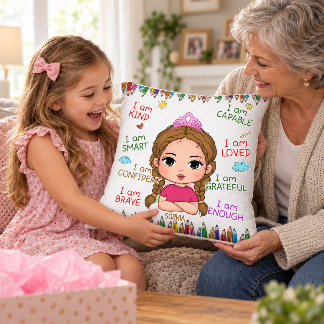 Grandmother giving a personalized affirmation pillow to her granddaughter