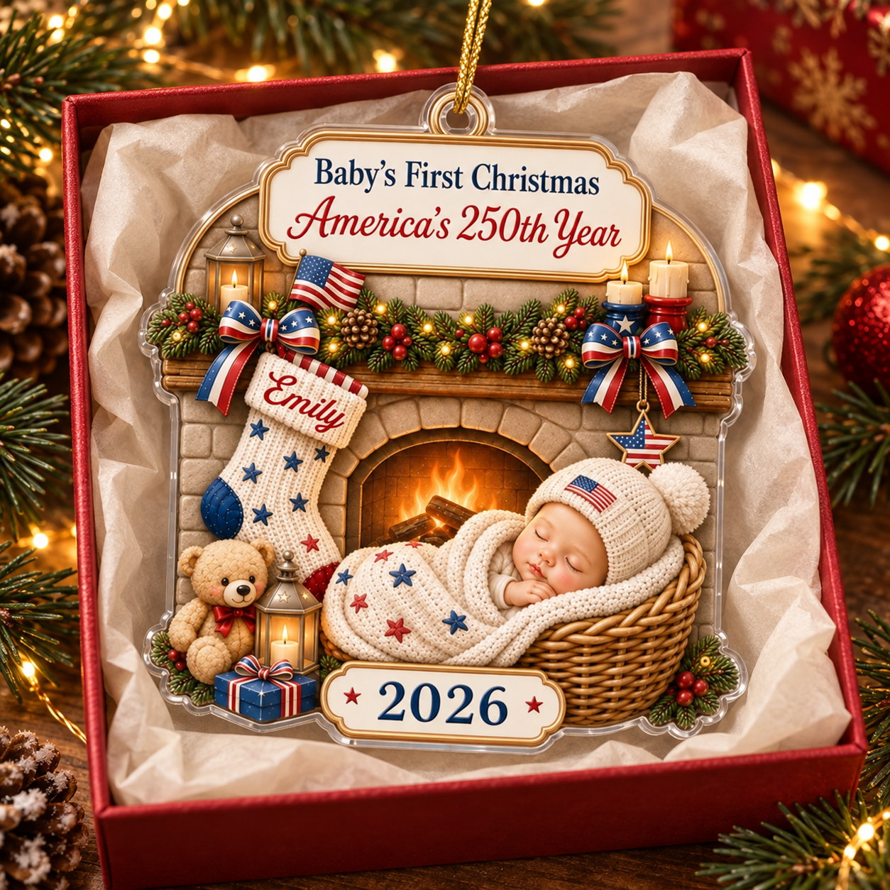 Baby's First Christmas America's 250th Year ornament in a red gift box with tissue