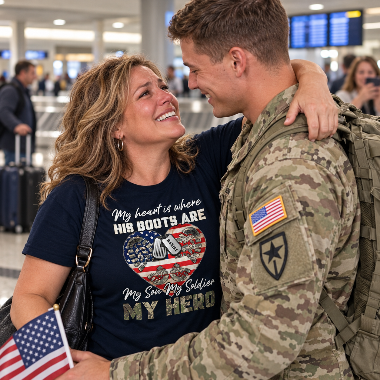 Proud mom in a personalized soldier mom shirt welcoming her son home at the airport