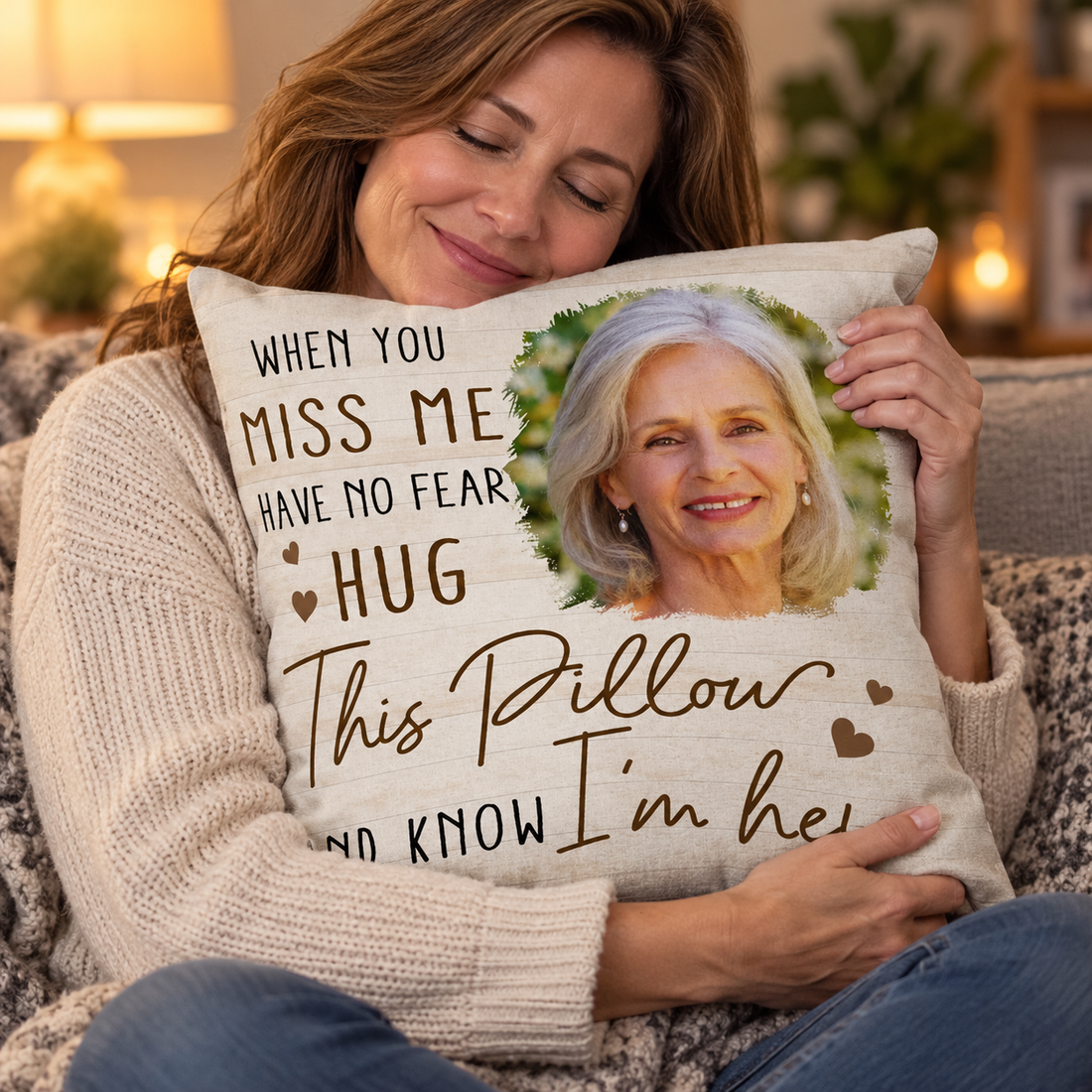 Woman holding a custom photo memorial pillow on the couch, a comforting remembrance gift
