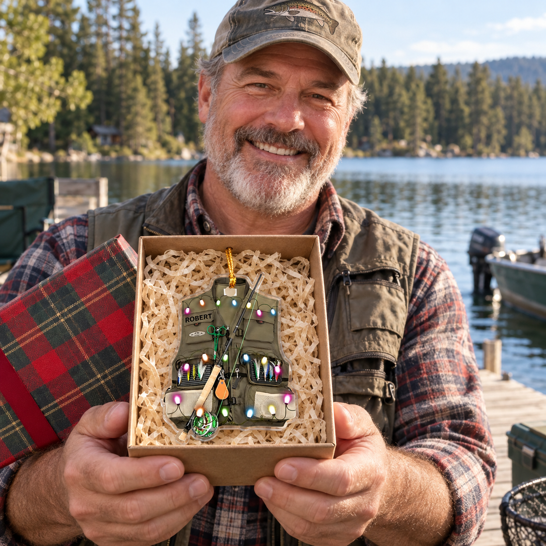 Fisherman dad on a lake dock holding a gift box with a personalized fishing vest ornament