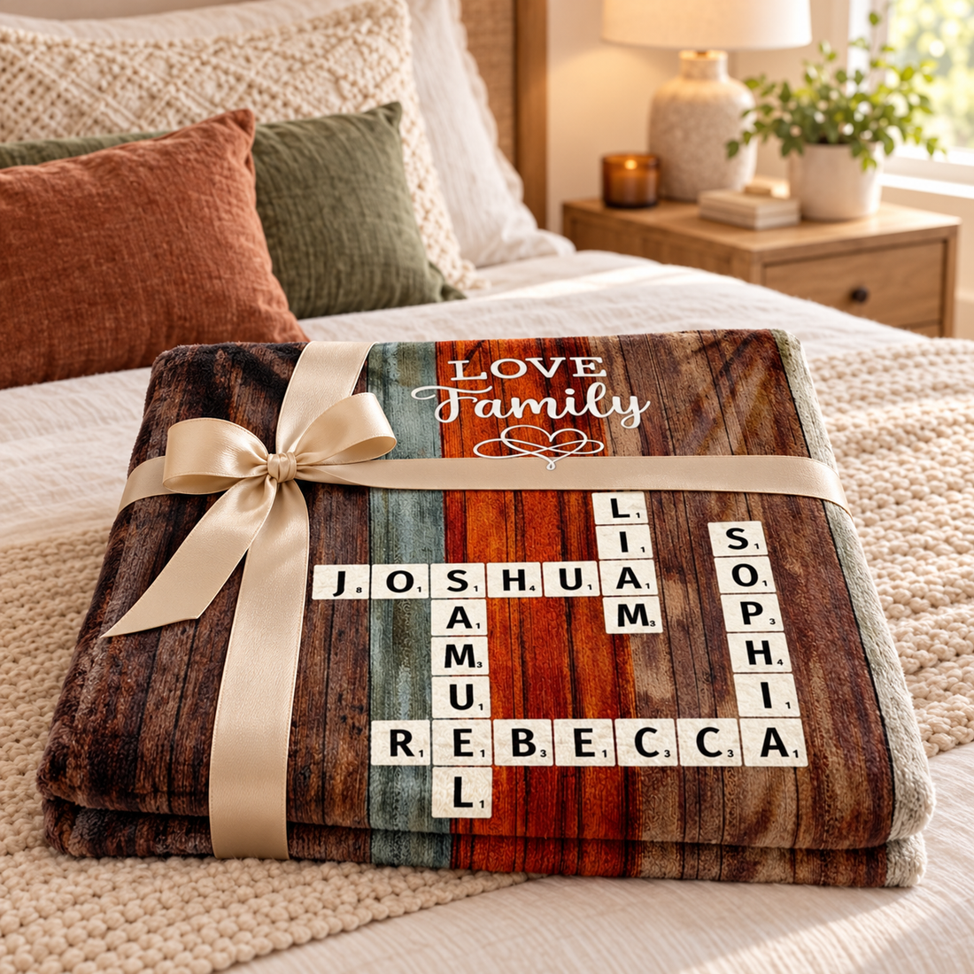 Custom family crossword art blanket folded at the foot of a bed with a gift ribbon