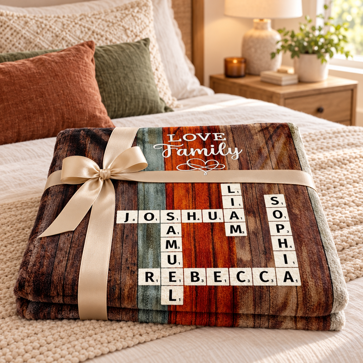 Custom family crossword art blanket folded at the foot of a bed with a gift ribbon