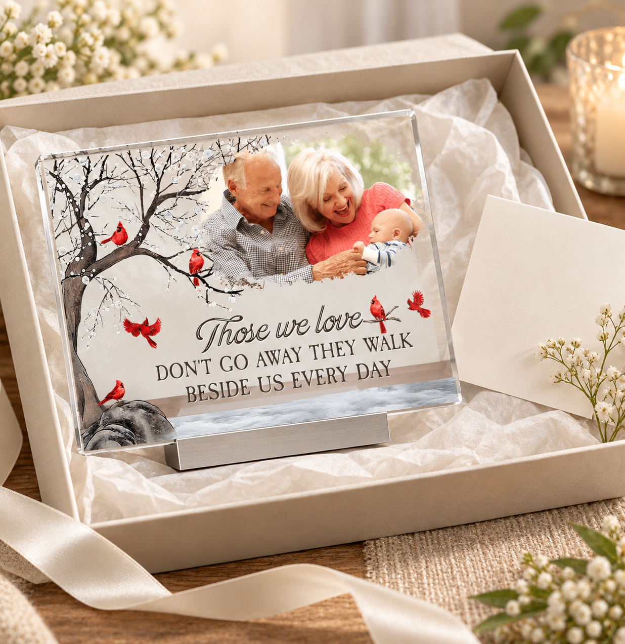 Personalized memorial acrylic plaque in a gift box with tissue and a sympathy card