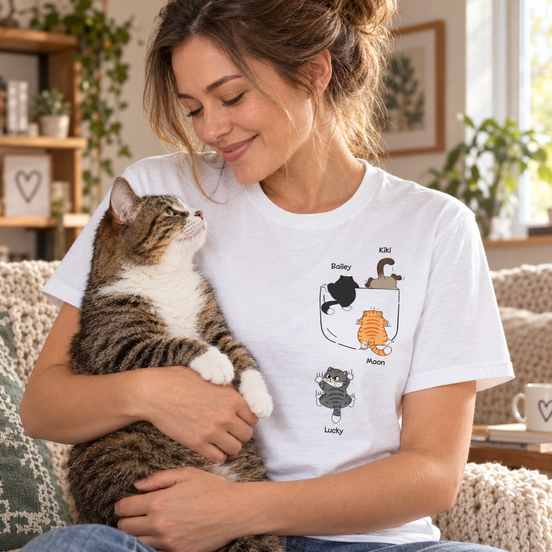 Woman cuddling a cat in a personalized cats climbing pocket t-shirt