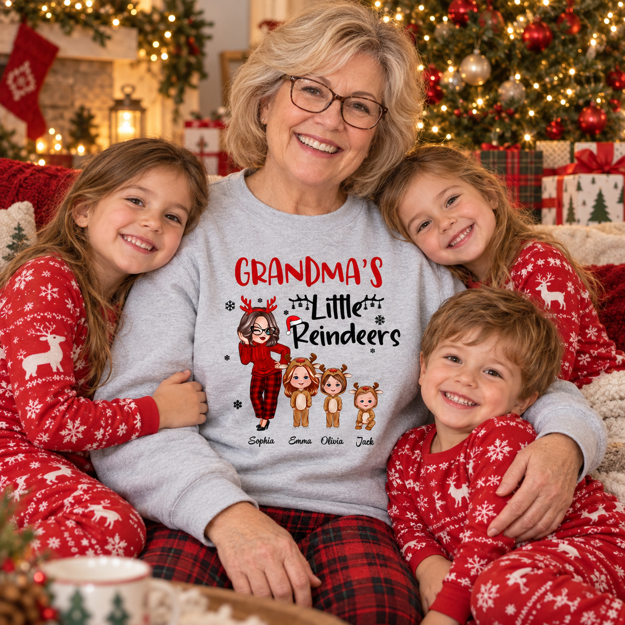 Grandma in a personalized Little Reindeers sweatshirt cuddling grandkids by the Christmas tree