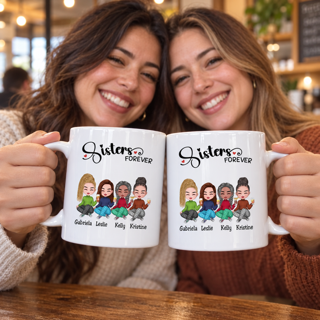 Two sisters toasting with personalized Sisters Forever mugs in a coffee shop